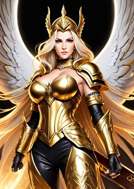 Prompt: ((tricia helfer as a Valkyrie with wings)), Tom Wood Fantasy Art style, action pose, high resolution face, high resolution  eyes, detailed eyes, long flowing platinum blonde hair, wearing ornste shining gold and steel armor, wearing valkyrie helmet, two wings on back, 8k, hypermaximalist, elegant, ornate, hyper realistic, dramatic, digital painting, artstation, smooth, sharp focus, medieval castle background, full body shot, high resolution, artstation, detailed face and eyes