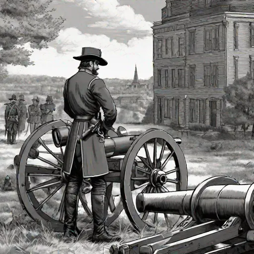 Prompt: An american civil war confederate officer inspecting a cannon. In background the city of richmond. rpg. rpg art. 2d art. 2d. well draw face. detailed.