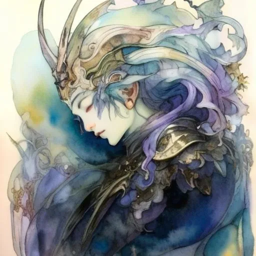 Prompt: Yoshitaka Amano, Watercolor painting, illustrative mixed-media paintings, European Art Nouveau, closed eyes, looking to the side, black spider-like armor, Female Drow, white hair, Paladin, Dungeons and Dragons, looking to the side, flat light, half body shot