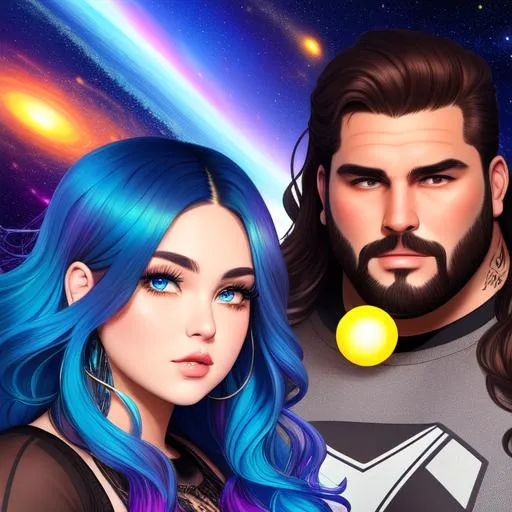 Prompt: (((grungy heavyweight man and heavyweight woman, round faces, chubby faces))), (((in space))),  chaotic, (((neon))) surreal, cosmos, galaxy, bubbles, ((blue long wavy hair for woman)), ((brown long wavy hair for man)), tattoos, collar