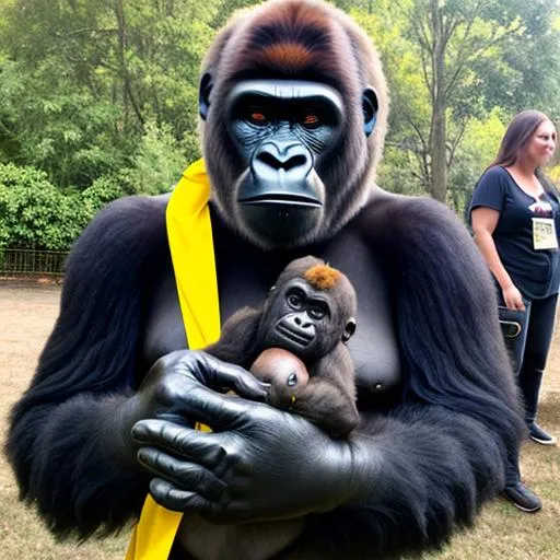 Prompt: Woman wearing gorilla costume, holding the gorilla head. 