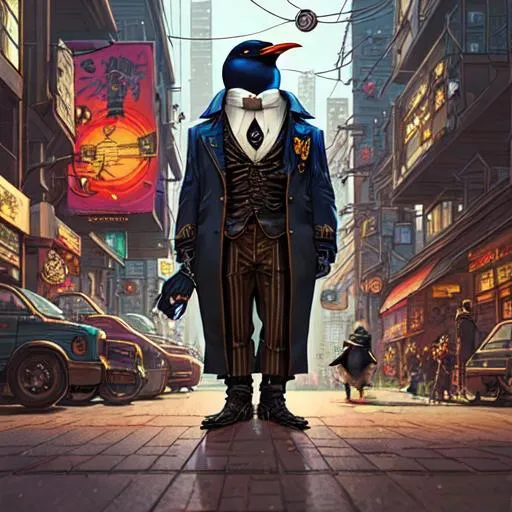 Prompt: "Portrait of a steampunk penguin in a cyberpunk city, by Arai Yoshimune, Simon Stålenhag, and Dan Mumford Photorealism hyperdetailed trending on Artstation 8k resolution digital illustration cel-shaded Ukiyo-e romanticism expressionism impressionist"