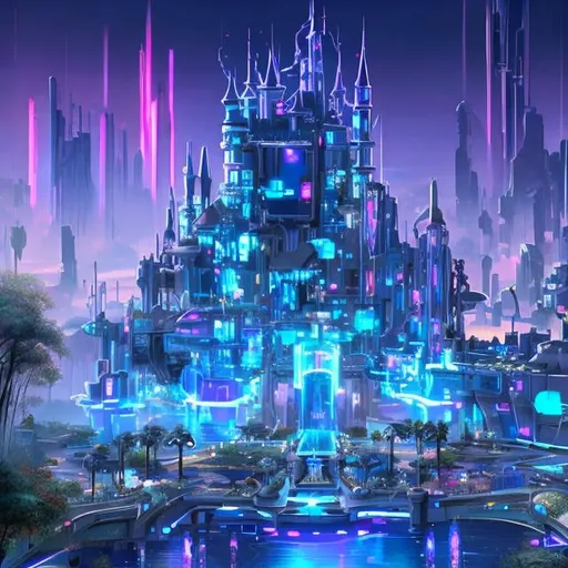 Prompt: Disney Futuristic cyber castle