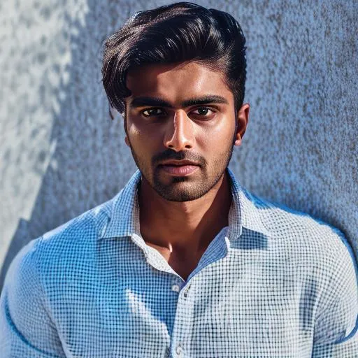 Prompt: photo realistic portrait of {indian handsome young man}, centered in frame, facing camera, symmetrical face, ideal human, 85mm lens,f8, photography, ultra details, natural light, light background, photo, Studio lighting