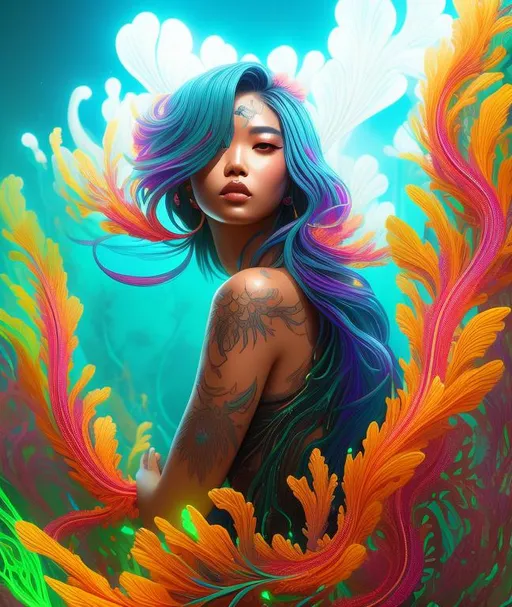 Prompt: neon art, full body Bioluminescent  tattoo, intricate detailed style of colourful, japanese gorgeous woman,  hyperdetailed Bioluminescent gases painting, heavy strokes, paint dripping glowing neon Bioluminescent paints and wild rift, sharp focus digital detailed by Mr Muz., Miki Asai Macro photography, close-up, hyper detailed, trending on artstation, sharp focus, studio photo, intricate details, highly detailed, by greg rutkowski, Bioluminescent skin, bioluminscent silk kimono