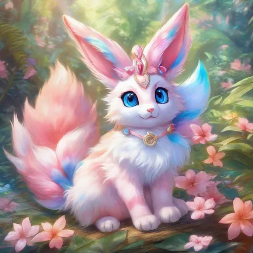 Prompt: (Sylveon), realistic, photograph, fantasy, epic watercolor painting, (hyper real), furry, (hyper detailed), extremely beautiful, (on back), sprawled, paws in the air, playful, UHD, studio lighting, best quality, professional, ray tracing, 8k eyes, 8k, highly detailed, highly detailed fur, hyper realistic thick fur, canine quadruped, (high quality fur), fluffy, fuzzy, full body shot, hyper detailed eyes, perfect composition, ray tracing, vector art, masterpiece, trending, instagram, artstation, deviantart, best art, best photograph, unreal engine, high octane, cute, adorable smile, lying on back, flipped on back, lazy, peaceful, (highly detailed background), vivid, vibrant, intricate facial detail, incredibly sharp detailed eyes, incredibly realistic scarlet fur, concept art, anne stokes, yuino chiri, character reveal, extremely detailed fur, sapphire sky, complementary colors, golden ratio, rich shading, vivid colors, high saturation colors, nintendo, pokemon, silver light beams