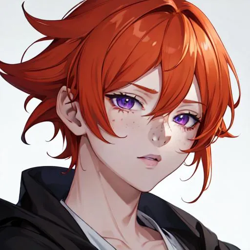 Prompt: Erikku male adult (short ginger hair, freckles, right eye blue left eye purple) UHD, 8K, Highly detailed, insane detail, best quality, high quality,  anime style