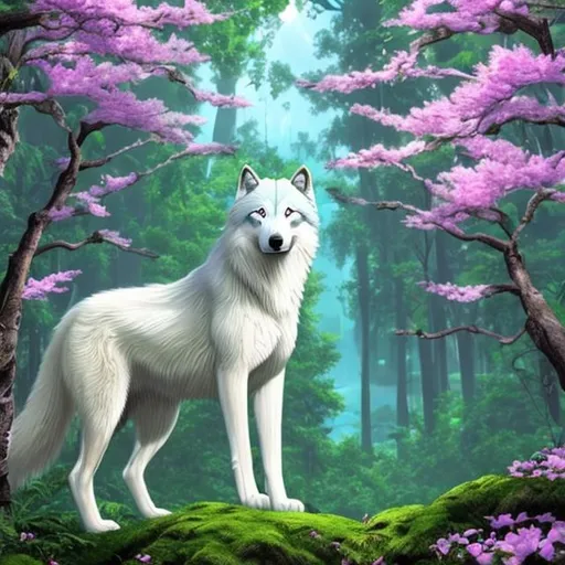 Prompt: Lush green forest, white wolf laying on a cliff, green forest, sunlight through the branches, anime wolf, realistic art, flower patches, trees in bloom, wolf with 4 legs, wolf with blue eyes, wolf with a scar, wolf in armour, warrior wolf