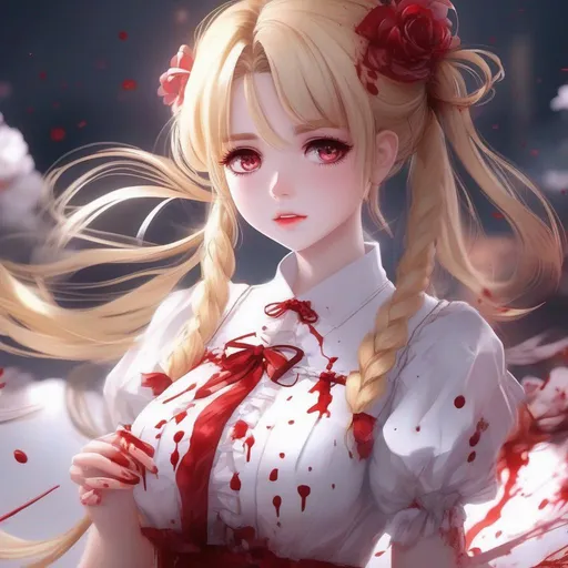 Prompt: 3d anime woman cute innocent covered in blood blonde pigtails hair and white dress covered in blood and beautiful pretty art 4k full HD