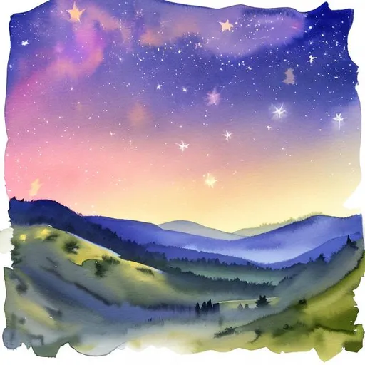 Prompt: Starlight over a meandering valley in watercolor