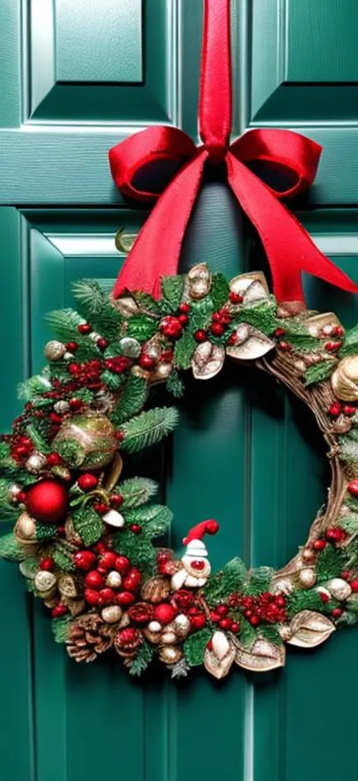 Prompt: Christmas Wreath hanging from Door. 4K, beautifully detailed jewels, Christmas themed, sparkling, Christmas ornaments, detailed object, 