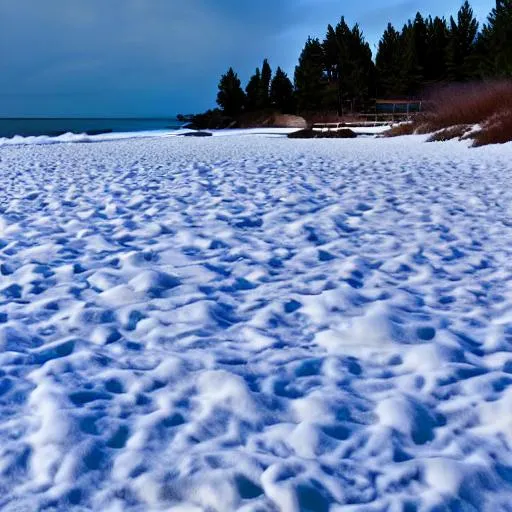 Prompt:  snow on the beach using cool colors like purples and blues