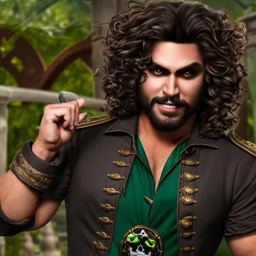 Prompt: A handsome male pirate with shocking green eyes, thick dark curly hair smirking in a hyper realistic style