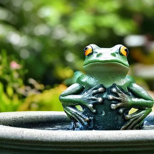 Prompt: frog sitting on a fountain n garden