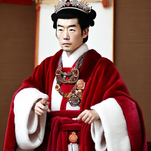 Prompt: Japanese man, emperor, king, ruby crown, white robe, fur cape