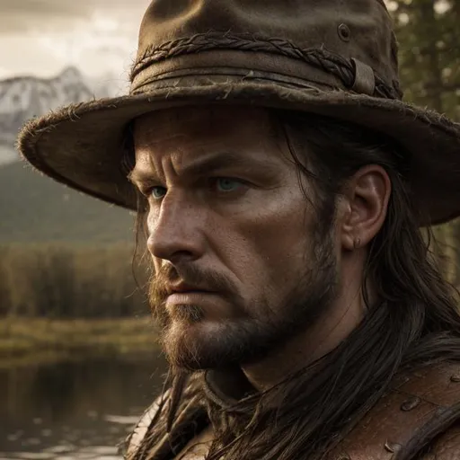 Prompt: photo realistic portrait of a sturdy european man, adventurer, brim hat, medieval fantasy setting, empty look, brown eyes, black long hair, swamp in the background, natural lighting, highly detailed