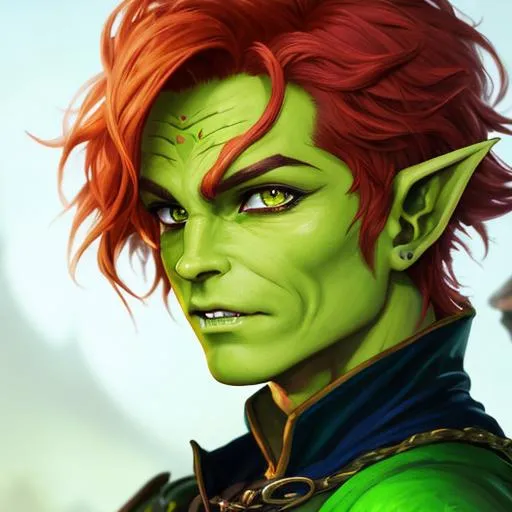 Prompt: oil painting, D&D fantasy, green-skinned-goblin man, green-skinned-male, small, short fiery red hair, wavy hair, crazy look, pointed ears, fangs, looking at the viewer, cleric wearing intricate adventurer outfit, #3238, UHD, hd , 8k eyes, detailed face, big anime dreamy eyes, 8k eyes, intricate details, insanely detailed, masterpiece, cinematic lighting, 8k, complementary colors, golden ratio, octane render, volumetric lighting, unreal 5, artwork, concept art, cover, top model, light on hair colorful glamourous hyperdetailed medieval city background, intricate hyperdetailed breathtaking colorful glamorous scenic view landscape, ultra-fine details, hyper-focused, deep colors, dramatic lighting, ambient lighting god rays, flowers, garden | by sakimi chan, artgerm, wlop, pixiv, tumblr, instagram, deviantart