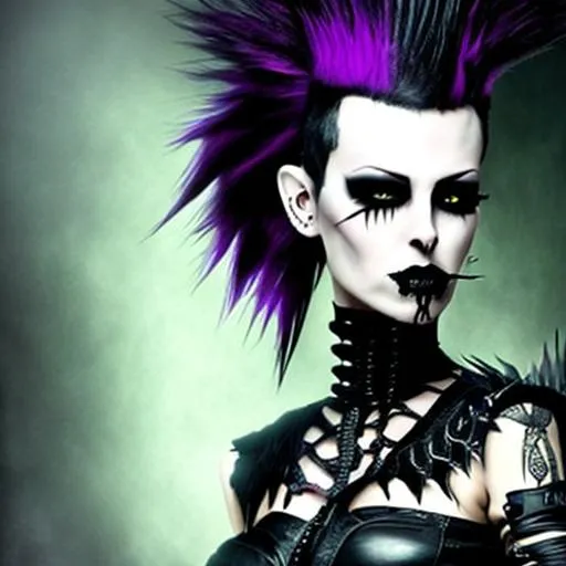 Prompt: Gothic woman, mohawk, Darkwave, Cybergothic background