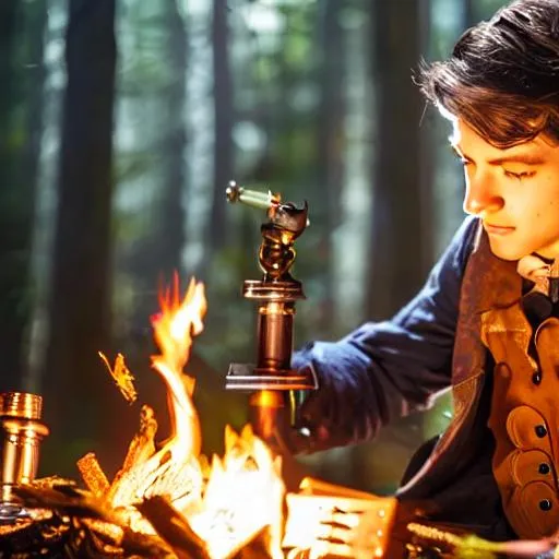 Prompt: Dungeons & Dragons artificer boy tinkering with alchemist kit. Near a campfire. Steam punk. hyper realistic.  Hyper realistic on eyes face