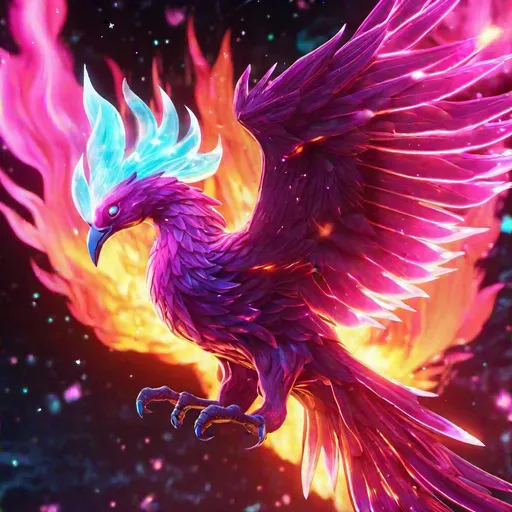 Prompt: Headshot of A crystal-clear glass 
 pink bioluminescent flaming phoenix that is glowing, nebula fireballs and lava, beneath the stars, sunset, highres, best quality, concept art, 8k