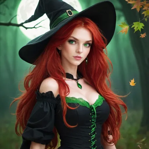 Prompt: A Beautiful Witch, red hair, green eyes