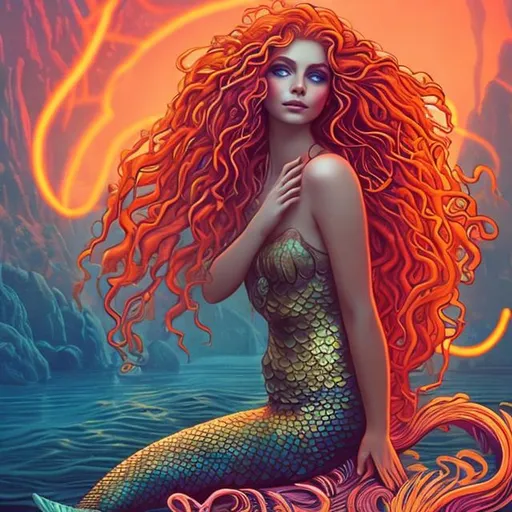 mermaid with long curly golden hair in a beautiful...