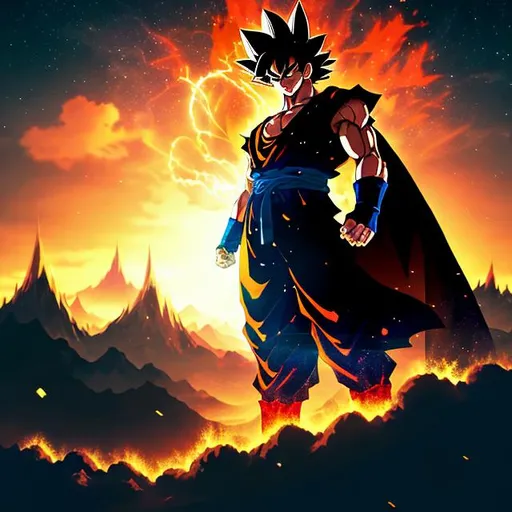 Prompt: High quality illustration of Goku, dark palette colors,  amazing digital art, Goku silhouette in middle, high definition,8k, sharp focus, dragon , beautiful landscape, artsation, light exposure, midjourney style, modern
