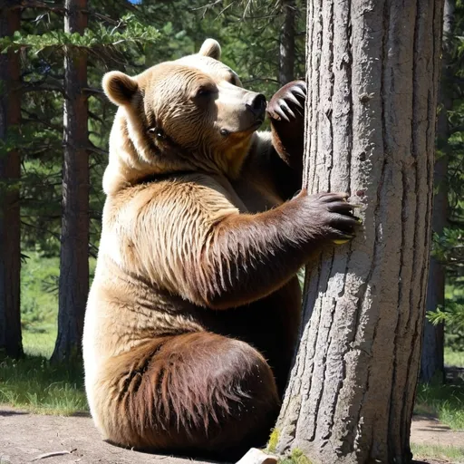 Prompt: Fat bear rubbing onto a tree