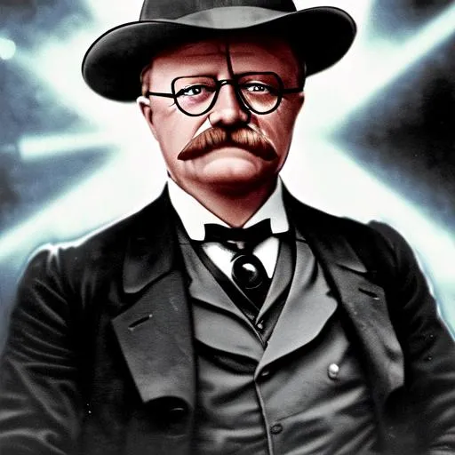 Prompt: a zoomed in picture on Teddy Roosevelt. He is a super hero of America. His eyes are glowing red with lasers. Light and super powers of heroes around him