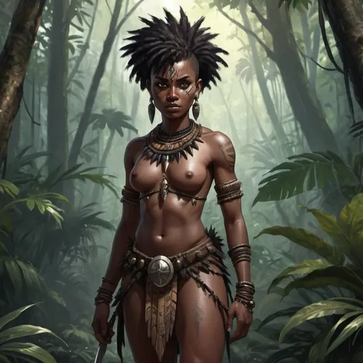 Prompt: Full body, Fantasy illustration of a black female tribal warrior, 26 years old, beautiful, very dark black skin, very short hair spikes, loincloth, tribal jewellery, wary expression, high quality, rpg-fantasy, detailed, in a tropical forest 