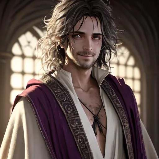 Prompt: dirty, grimy, filthy, dirt on face, unkempt hair, warlock, smiling, Male, charming, messy hair, simple robe, robed clothing, cult leader, dead eyes, D&D, Fantasy, detailed face, elegant, mesmerizing , glorious, cinematic light, hd octane render, high resolution scan, masterpiece, hyperrealism, delicate detailed complex, sophisticated, vibrant colors, highly detailed, intricate detailed, volumetric lighting, light reflection, male, man