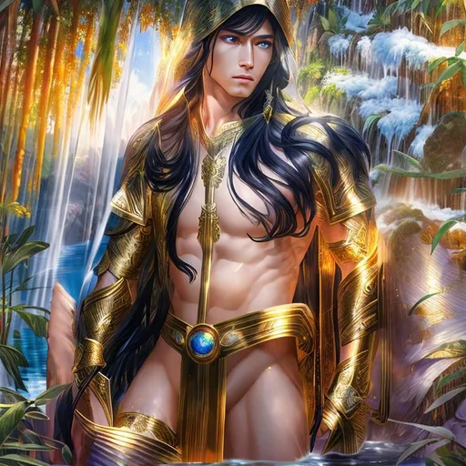 Prompt: Heroic, Epic, Stunning, Vivid, 3D HD dramatic cinematic [({one}{(Beautiful benevolent {god}male liquid silk, Beautiful big reflective eyes, long flowing hair}, expansive magical waterfall background, hyper realistic, 8K --s98500