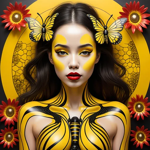 Prompt: (art masterpiece) Surreal full  body view, beautiful and attractive woman, face and body crafted from yellow and black lines resembling a bee pattern, large striking red lips with yellow specks , adorned with vibrant yellow decorations and flowers, ethereal ambiance, intricate details, dreamy background, expressive and captivating vibe, warm color tones, high depth, ultra-detailed, visually stunning.