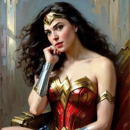 Prompt: Please produce a painting of Wonder Woman, pin-up, sci-fi, diesel punk, very detailed, realistic, figurative painter, fine art, Oil painting on canvas, beautiful painting by Daniel F Gerhartz