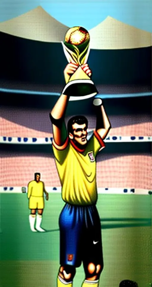 Prompt: A goalkeeper raising world cup in the stadium