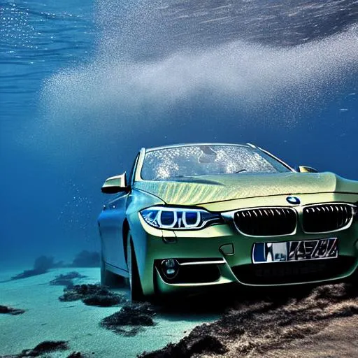 Prompt: bmw on fire underwater