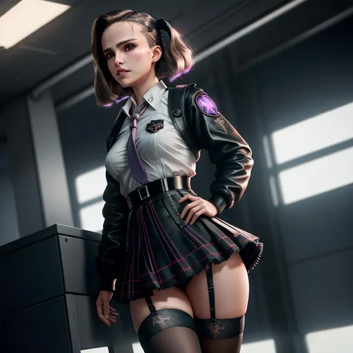 Prompt: Cyberpunk, Young Natalie Portman pig-tail hair cut, short skirt, stockings and garters, school girl uniform, panties peaking out, raw photo, photorealistic, High Detail, dramatic, UHD, HDR raw photo, realistic, sharp focus, 8K high definition, insanely detailed, intricate, high quality, 