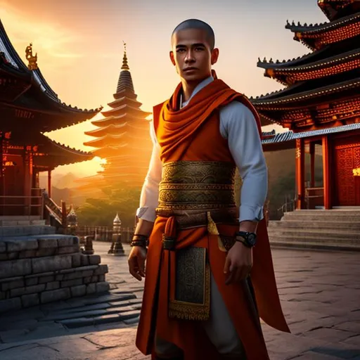 Prompt: D&d Monk with orange vest, temple on the mountain, highly detailed, professional, render, Sharp focus, HD, UHD, HDR, hyperrealistic 