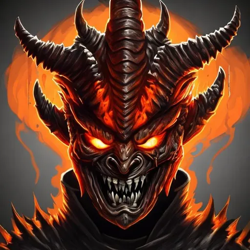 Prompt: Digital art headshot of Gordan Ramsey as a demon, orange, black armor, evil smile, nonhuman