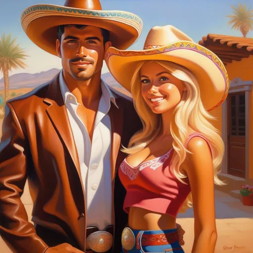 Prompt: Tanned Mexican gigachad wearing a sombrero meets cute blonde American girl, 2050, cartoony style, extremely detailed painting by Greg Rutkowski and by Henry Justice Ford and by Steve Henderson 