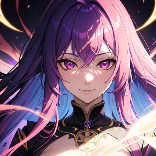 Prompt: detailed background, portait  young woman, smile yandere, purple and deep blue long hair, light yellow upside hair, dark pink eyes, lights and shadows efects, magic efects, the chaos of light, tuning colors, detailed splash light colors efects, empress of demon, crazy light efects