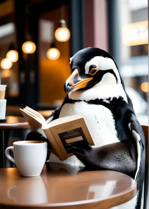 Prompt: Cinematic photo of an anthropomorphic penguin sitting in a cafe reading a book and having a coffee.