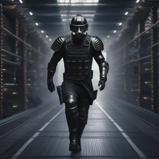 Prompt: A modern roman military male in black military roman armor, and gas mask, running, background sci fi hangar deck, Hyperrealistic, sharp focus, Professional, UHD, HDR, 8K, Render, electronic, dramatic, vivid, pressure, stress, nervous vibe, loud, tension, traumatic, dark, cataclysmic, violent, fighting, Epic