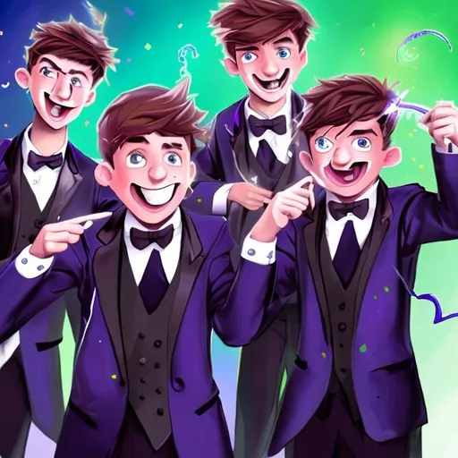 Prompt: Three 13-15 year old magic brothers in tuxedos having fun casting magic spells together with there magic wands