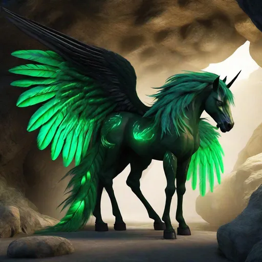 Prompt:  twisted pegasus animatronic hybrid, with focused emerald eyes. They identify as a Male. Emerald colored feathery wings and tail. dark Green ombre mane and tail. UHD, HD, 4K, green haze, green and black coat, lying down in a cave, asleep, resting, hyperrealistic, anime style