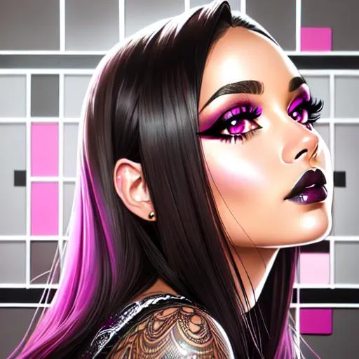 Prompt: Magenta colored eyes, long shot super detailed lifelike illustration, brown skin lady, black hair, cute face, black lipstick, black eyeshadow, dark aesthetic, realistic face, large realistic eyes, smooth soft skin, soft lighting, perfect ratio, symmetrical face, realistic hands, intricate artwork, highly detailed, perfect composition, sharp focus