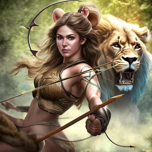 Prompt: Hyper realistic female Sagittarian Archer with green eyes, full lips, brown long hair shooting bow and arrow while riding on a huge muscular lion through a forest.