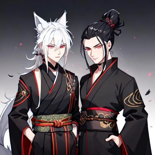 Prompt: A male anthropomorphic wolf/fox hybrid wearing a black kimono and a man bun for a hairstyle with white hair and a scar above his left eye