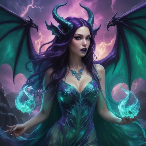 Prompt: (vibrant fantasy art), (succubus), long dark purple hair, sheer turquoise gown, demon horns, visible fangs, black blue and green molten glass dragon wings, purple lightning, whimsical atmosphere, magical background filled with swirling clouds, enchanting and dramatic lighting, captivating details, ultra-detailed, high quality, rich color palette, dreamlike scene.