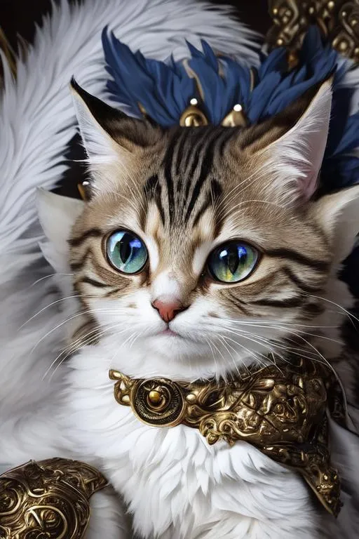 Prompt: 4 winged cat, 4 eyes, (masterpiece), (best quality:1.2), (intricate detail), dynamic angle, looking at viewer, (1male), ((solo)), (((full body))), (slender), (((tabaxi))), (((white fur))), ((blue pupils)), (((light armor))), black armor, ((cloak)), mysterious, ((ominous expression))